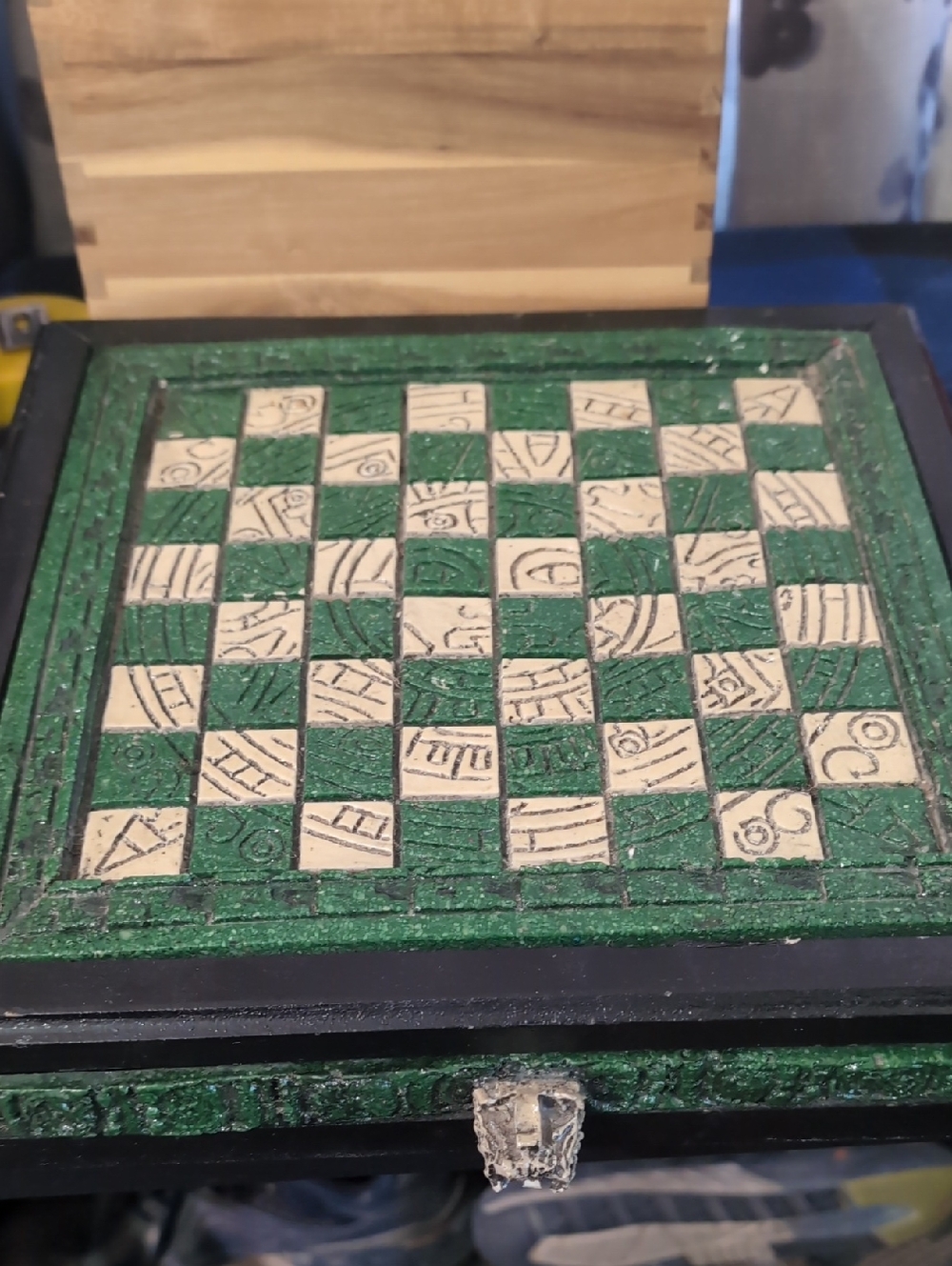 Handcrafted Green and Cream Decorative Chess/Checkers Board